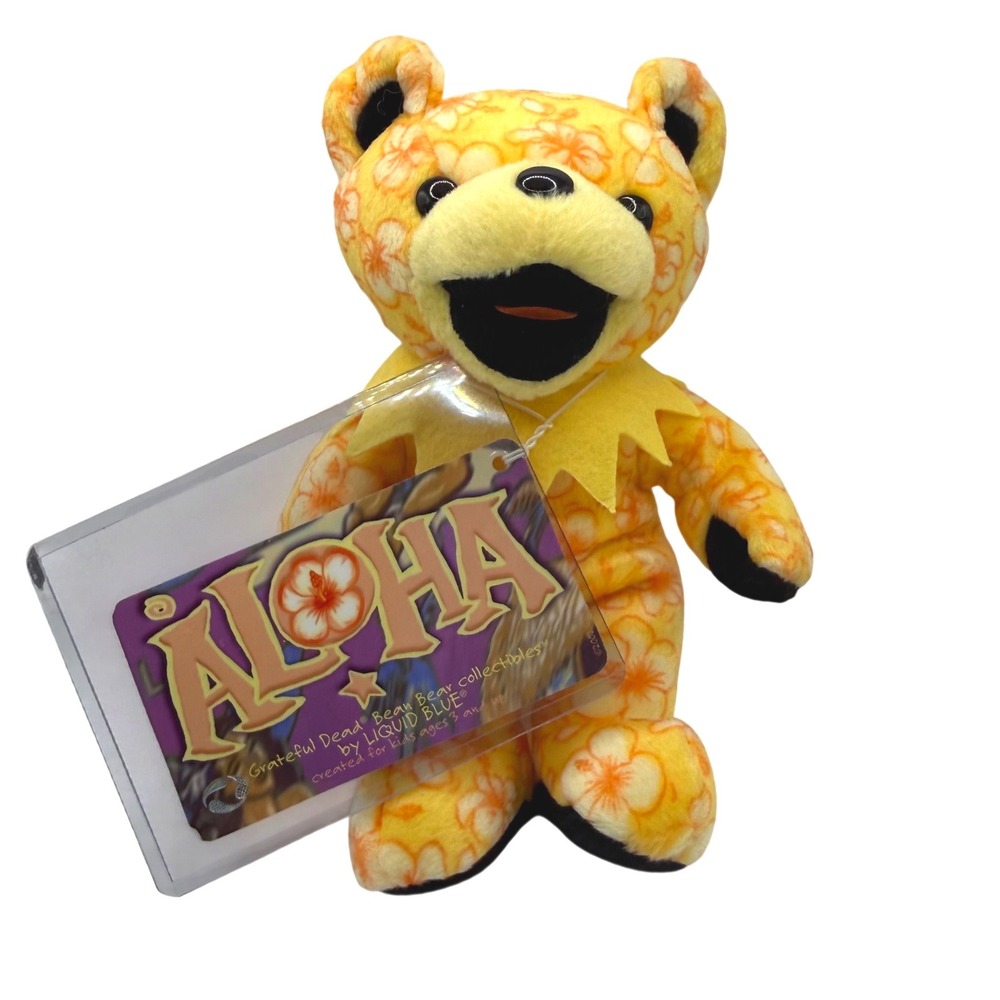Liquid Blue VTG Grateful Dead Aloha Bean Bear Yellow Floral Hippie Plush OS